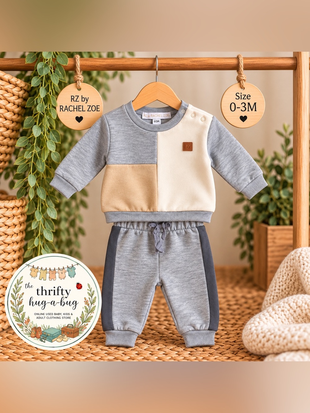 🤎 RZ by Rachel Zoe Baby 2-Piece Colour Block Sweatsuit | 0–3M 🤎